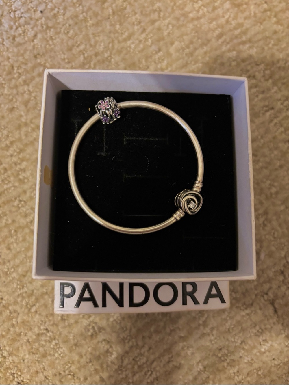 Pandora Silver Bangle Bracelet with Purple Flower Charm